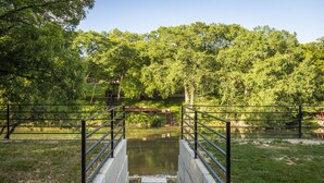 Eine Betonbrücke überspannt ruhiges Wasser, umgeben von üppigen Grünpflanzen und einer grünen Wiese.
