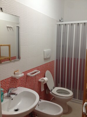 Douche, sèche-cheveux, bidet, serviettes fournies