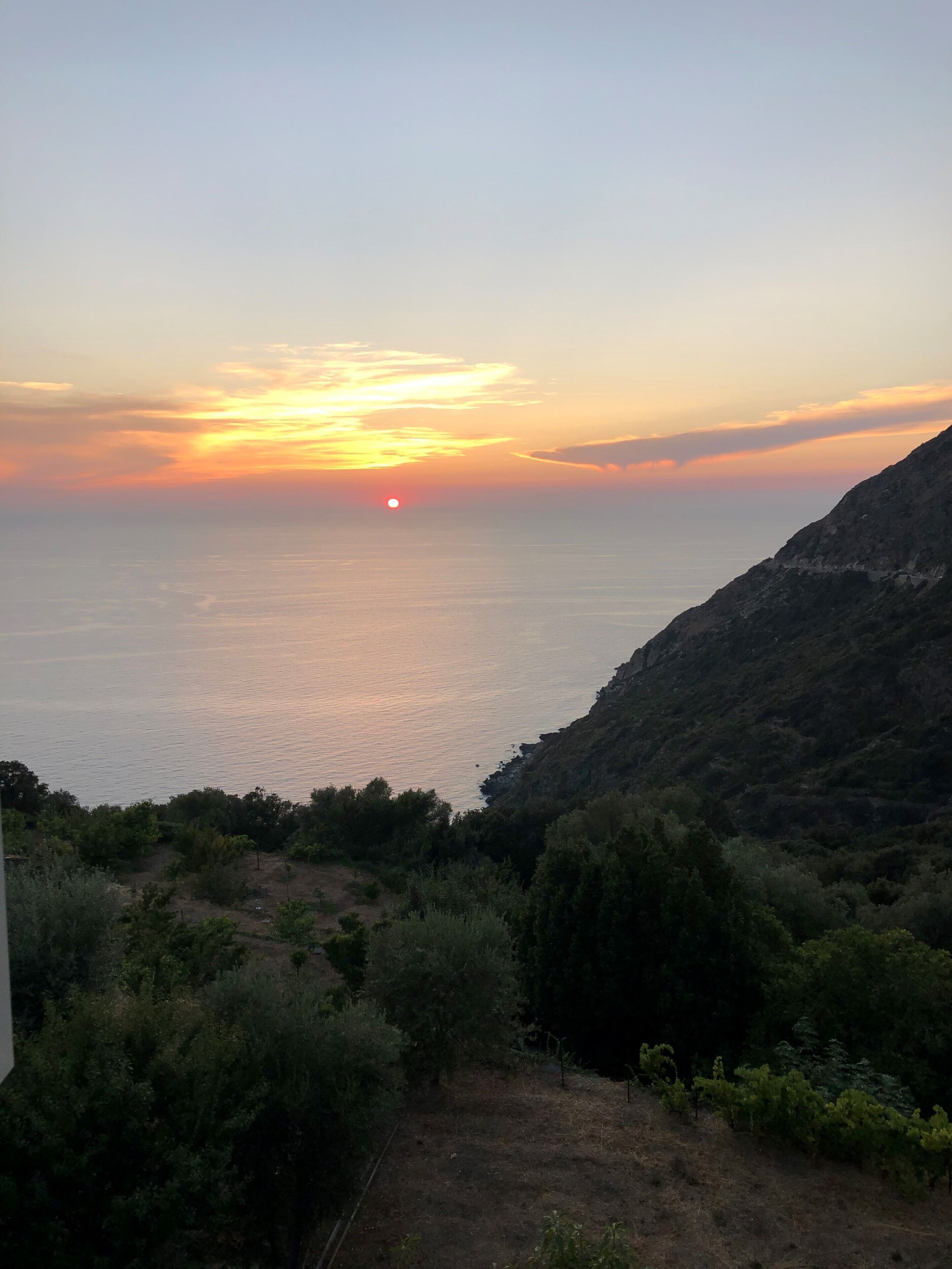 A coastal landscape with a sunset over the sea, a rocky hillside, and a vineyard in the foreground.