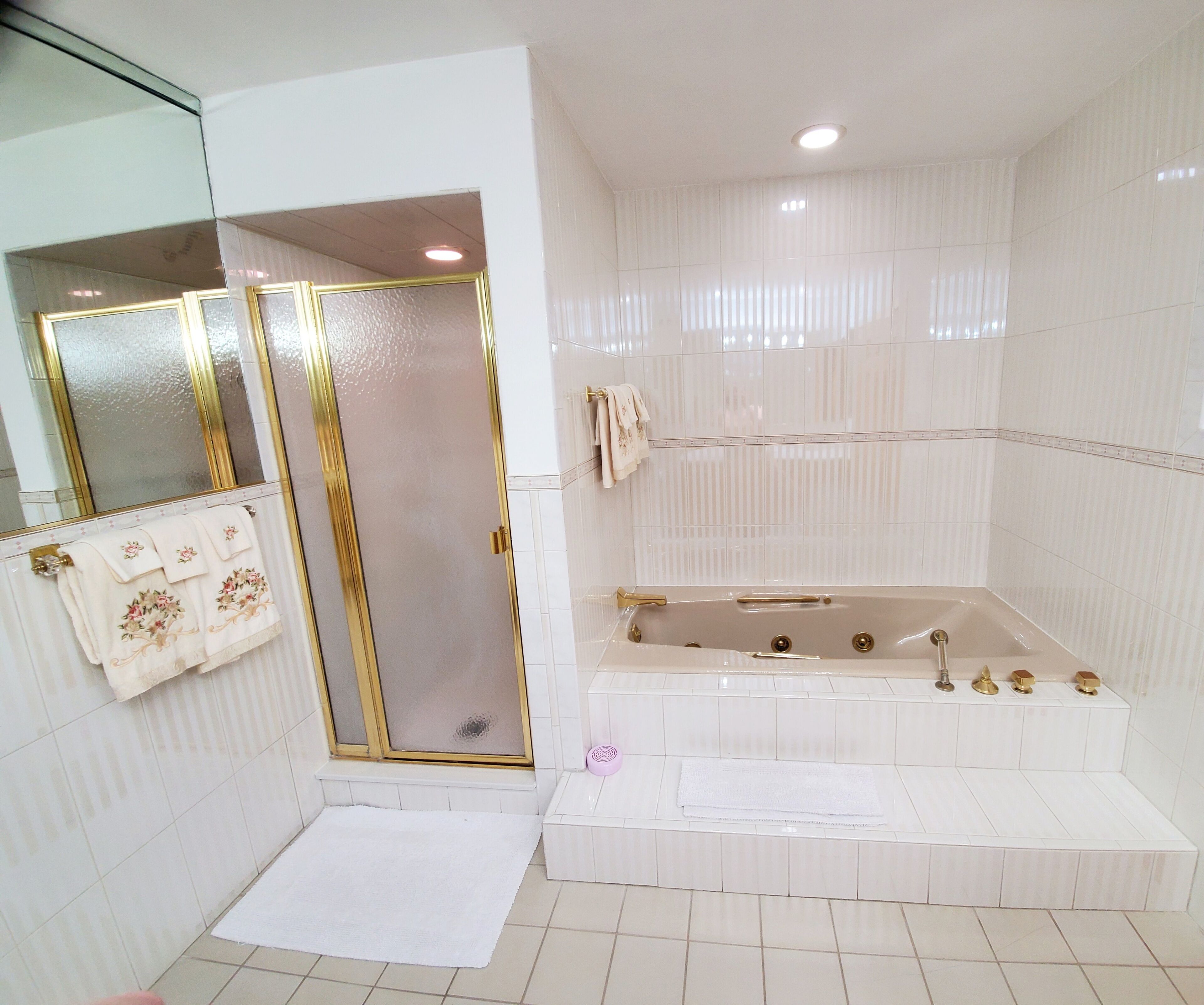 A bathroom with a large bathtub, a glass shower enclosure, and a mirror with a towel rack.