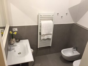 Een douche, een haardroger, een bidet, handdoeken