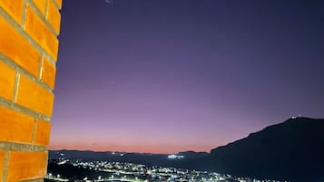 A night view of a city with a visible moon and distant mountains.