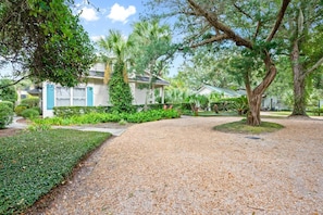 A residential area with a gravel driveway, a house with blue shutters, and various trees and shrubs.