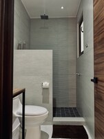 Un baño moderno con inodoro, ducha y espejo.