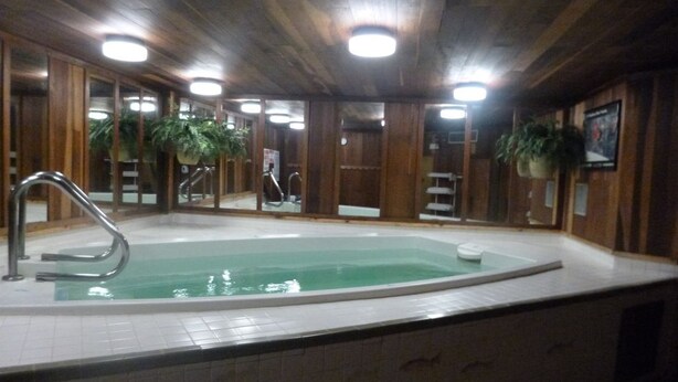 A large indoor swimming pool with a wooden interior, multiple shower areas, and potted plants. - Ski In Ski Out Condo (Whitefish)