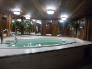 Una grande piscina interna con rivestimento in legno, diverse zone doccia e piante in vaso.