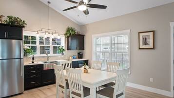 Full-size fridge, microwave, coffee/tea maker, cookware/dishes/utensils