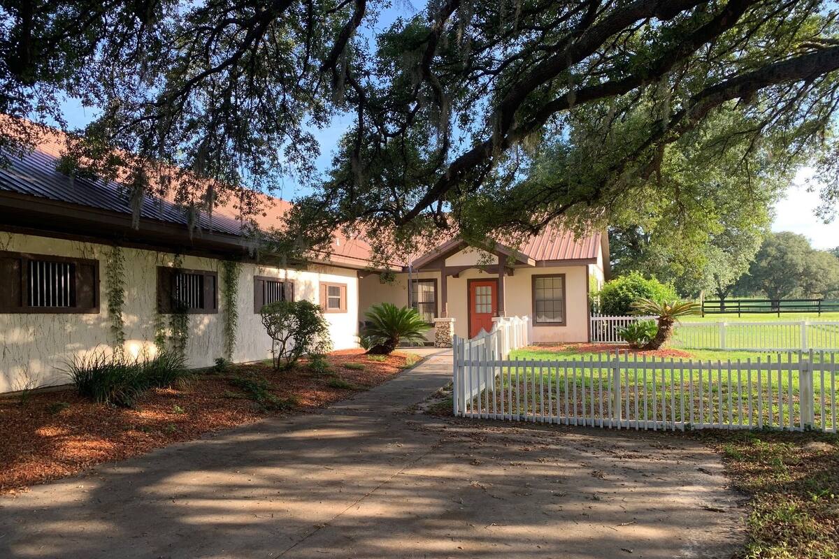 A pathway leading to a building with a red door, surrounded by a white picket fence and a well-maintained lawn.