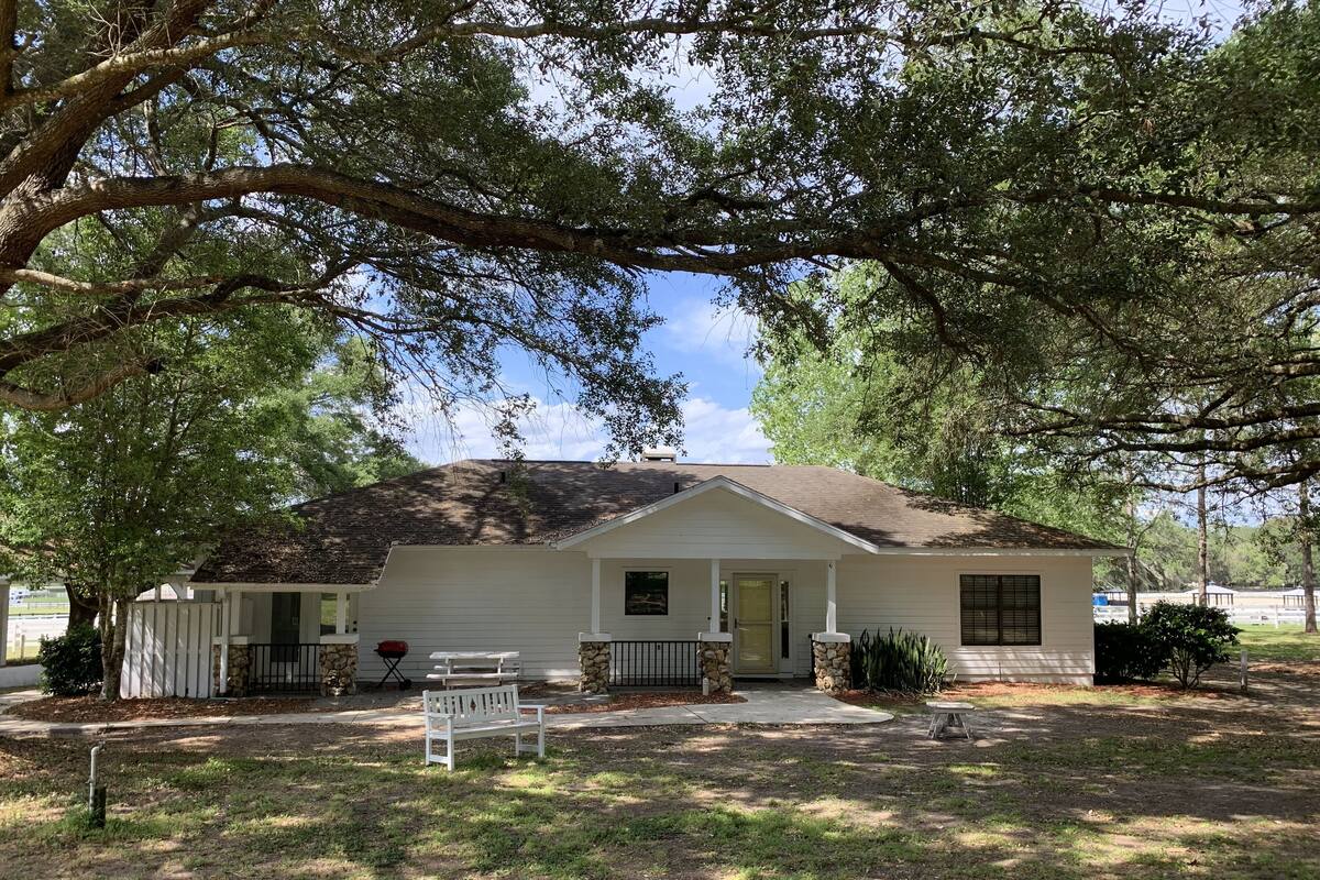 A single-story house with a front porch, a small front yard, and a large tree in front.