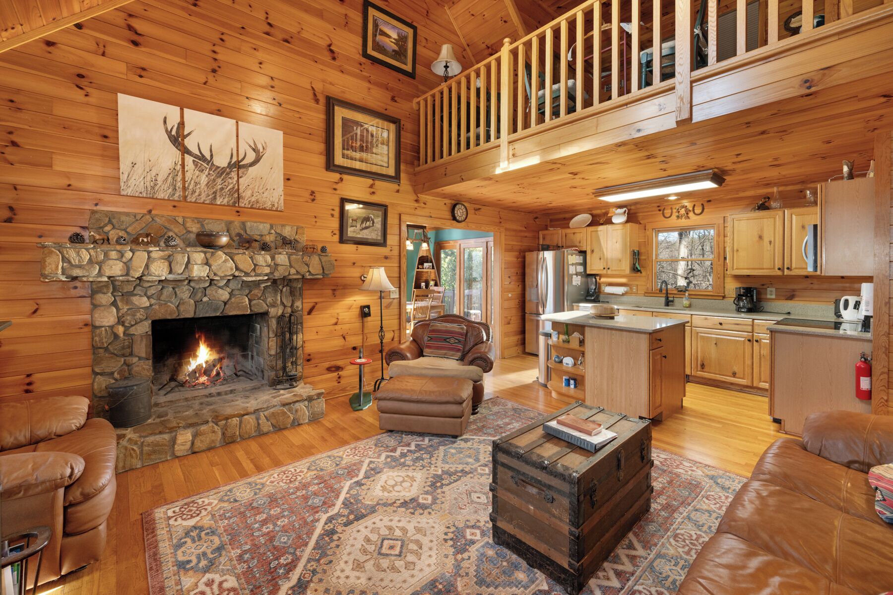 TV, fireplace, books