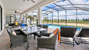 A covered patio with a pool, wicker furniture, and a ceiling fan. - 1433rf- The Retreat at Championsgate (Davenport)