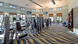 A gym with treadmills, weight machines, and exercise balls.