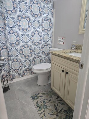 Combined shower/bathtub, hair dryer, towels, toilet paper