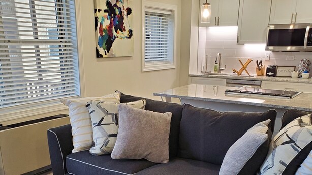 A modern living room with a dark grey sectional sofa, a wooden coffee table, and a patterned rug. - Conveniently Located Downtown Apartment (Atlanta)
