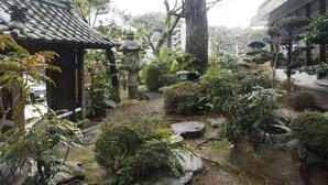 Un jardín japonés tradicional con un farol de piedra, un edificio de madera y un árbol grande.