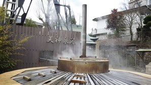 Un onsen japonés tradicional con una terraza de madera y una balsa de piedra.