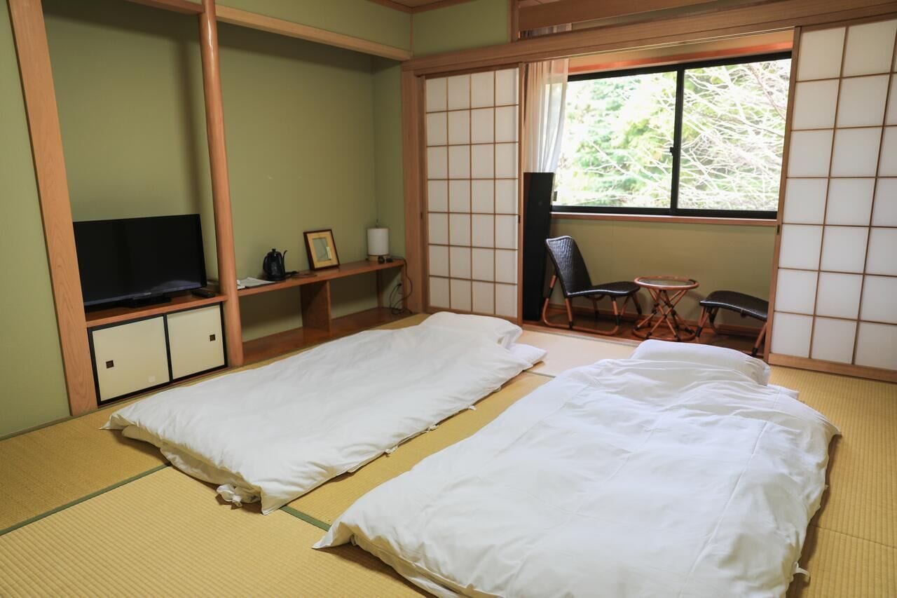 A traditional Japanese room with tatami flooring, two tatami mats, a low wooden desk, a television, and a sliding door with a view of greenery.