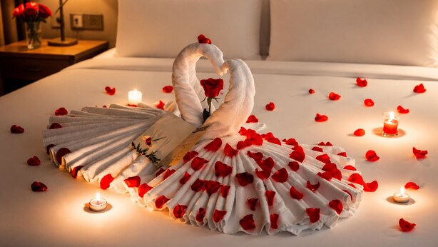 Ein Bett mit einer zu einem Schwan geformten Handtucharrangment sowie Rosenblüten, Kerzen und einer Vase mit roten Rosen.