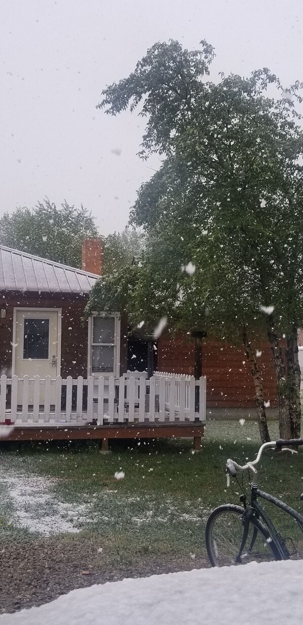 A house with a white picket fence, a chimney, and a tree in front. Snow is falling.