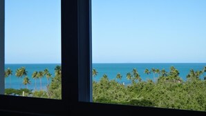 A view through a window of a coastal area with palm trees and the ocean. - Spectacular Ocean View  Penthouse, Terrace, 2br, 2bth -  Surrounded by Nature (Cabo Rojo)