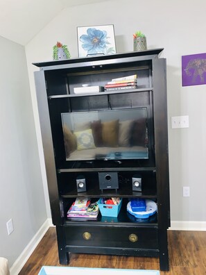 Smart TV, DVD player, books, video library