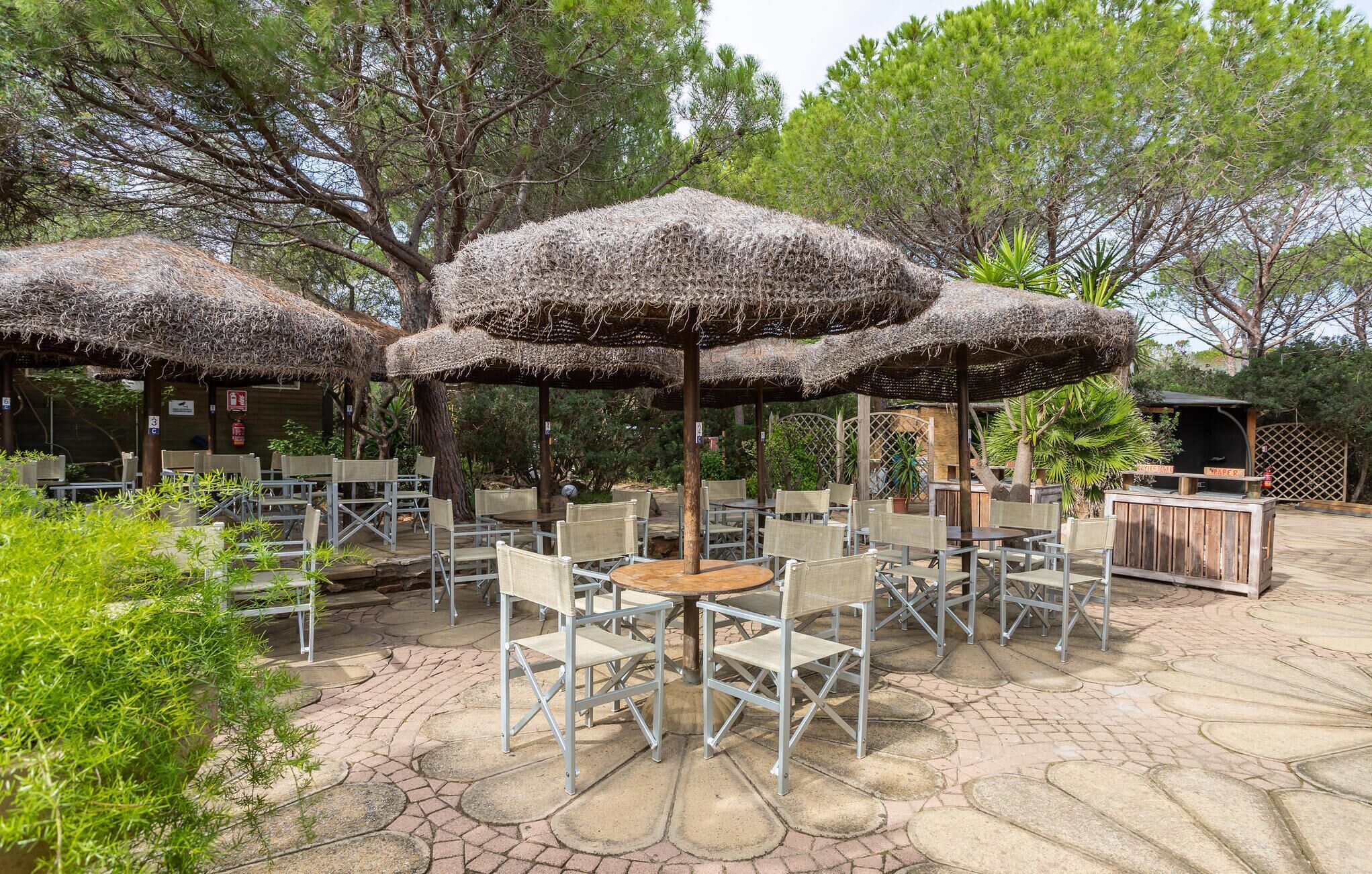 Un espace extérieur aménagé avec des parasols en chaume, des chaises en osier et une table centrale.