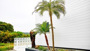 A modern building with white exterior walls, a white fence, and two palm trees in the foreground. - Shirahama Beach Garden (Miyazaki)