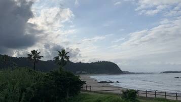 A coastal landscape with a grassy foreground, a beach, and a hilly backdrop under a partly cloudy sky.