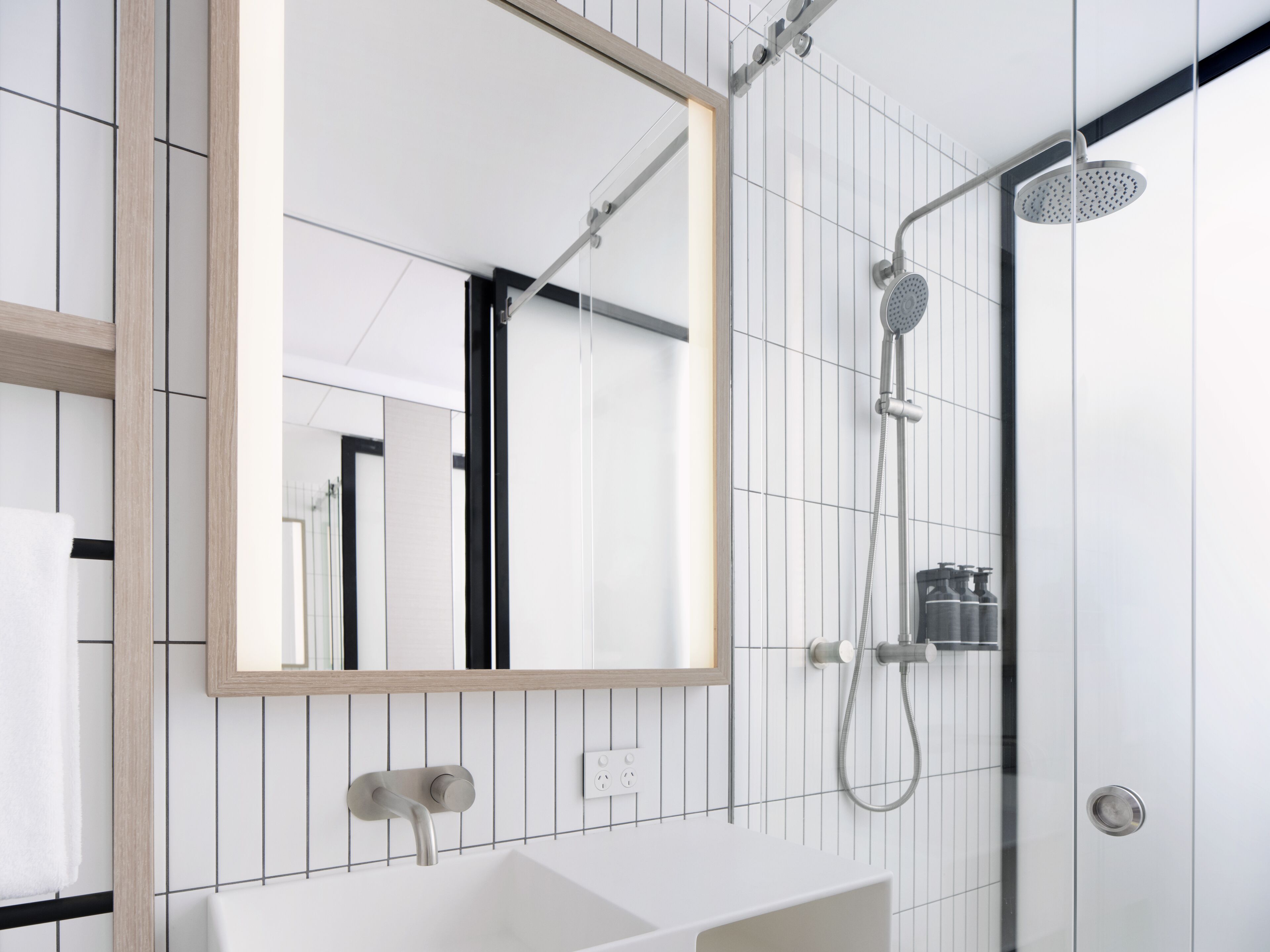 shower, rainfall showerhead, designer toiletries, hair dryer