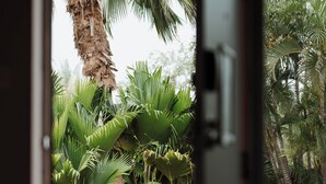 A view through a window of a room with a view of a palm tree and other tropical plants. - The Continental Hotel Broome (Broome)