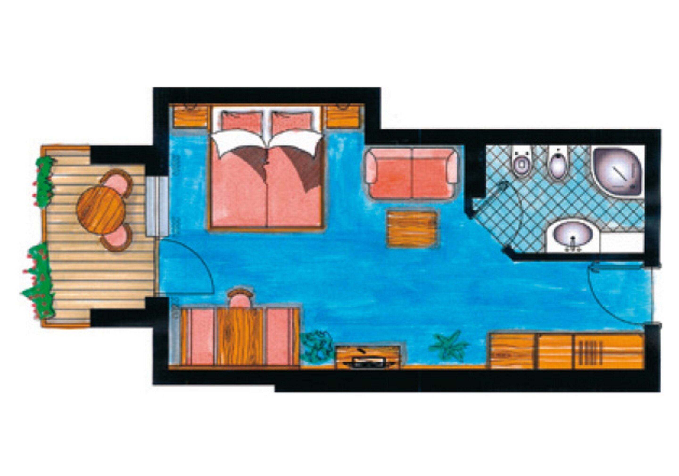 A floor plan of a hotel room with a bed, a desk, a chair, a small table, a sofa, a bathroom with a toilet, sink, and shower.