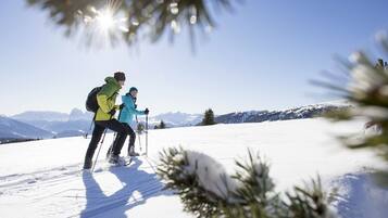 Two people skiing on a snowy mountain with a clear sky.