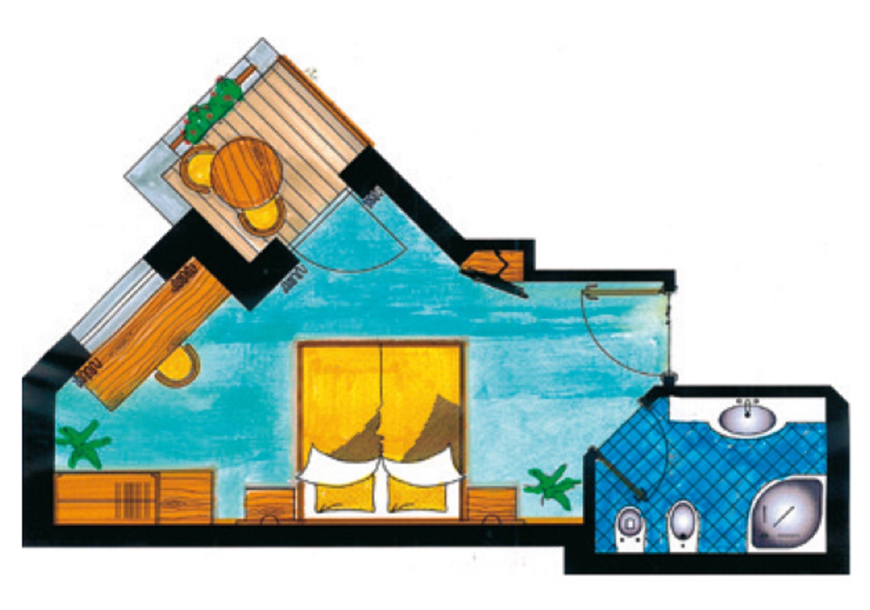 A room with a bed, a window, a bathroom with a sink and toilet, and a small kitchen area.
