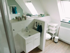 Hair dryer, towels, soap, toilet paper