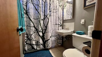Combined shower/tub, hair dryer, towels, soap