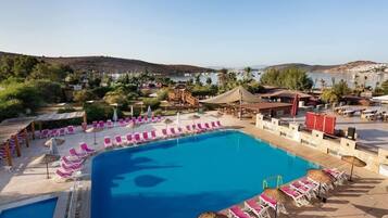 Seasonal outdoor pool, pool umbrellas, pool loungers