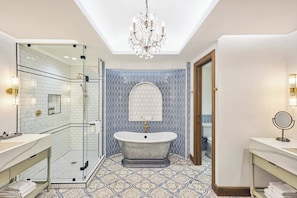 Presidential Suite, 1 King Bed, Fireplace (View) | Bathroom | Hair dryer, bathrobes, towels