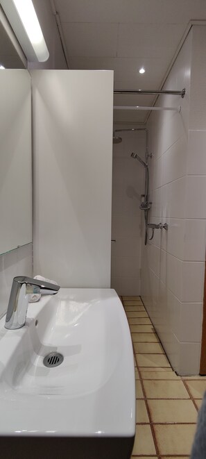 A bathroom with a white sink, a mirror, and a shower area.