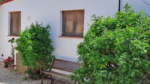 Un bâtiment blanc avec deux fenêtres, un banc et de la verdure.