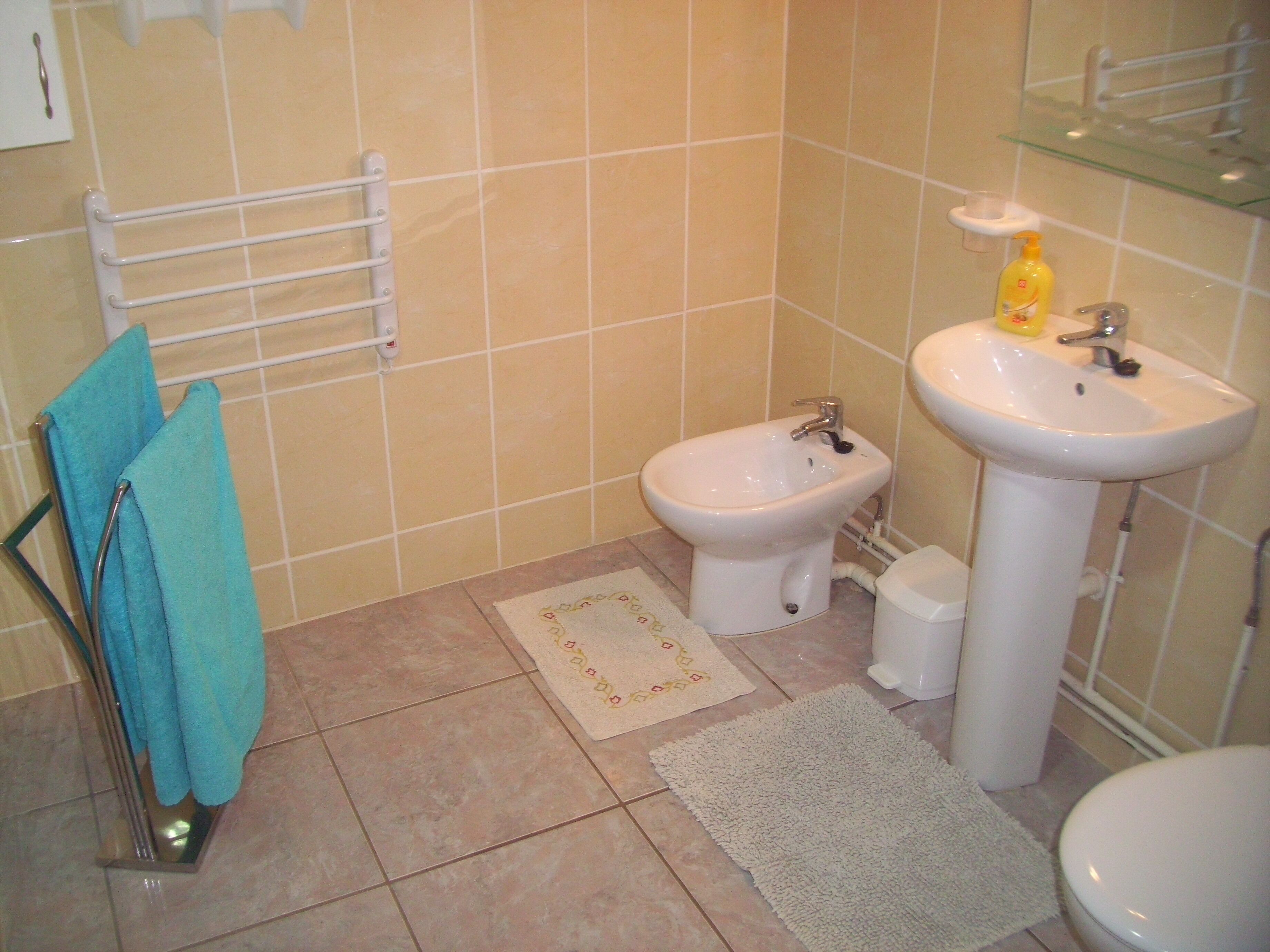 A bathroom with a bidet, a sink, a towel rack, and a toilet.