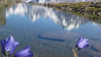 Ein Bergsee mit klaren Spiegelungen, umgeben von schneebedeckten Gipfeln.