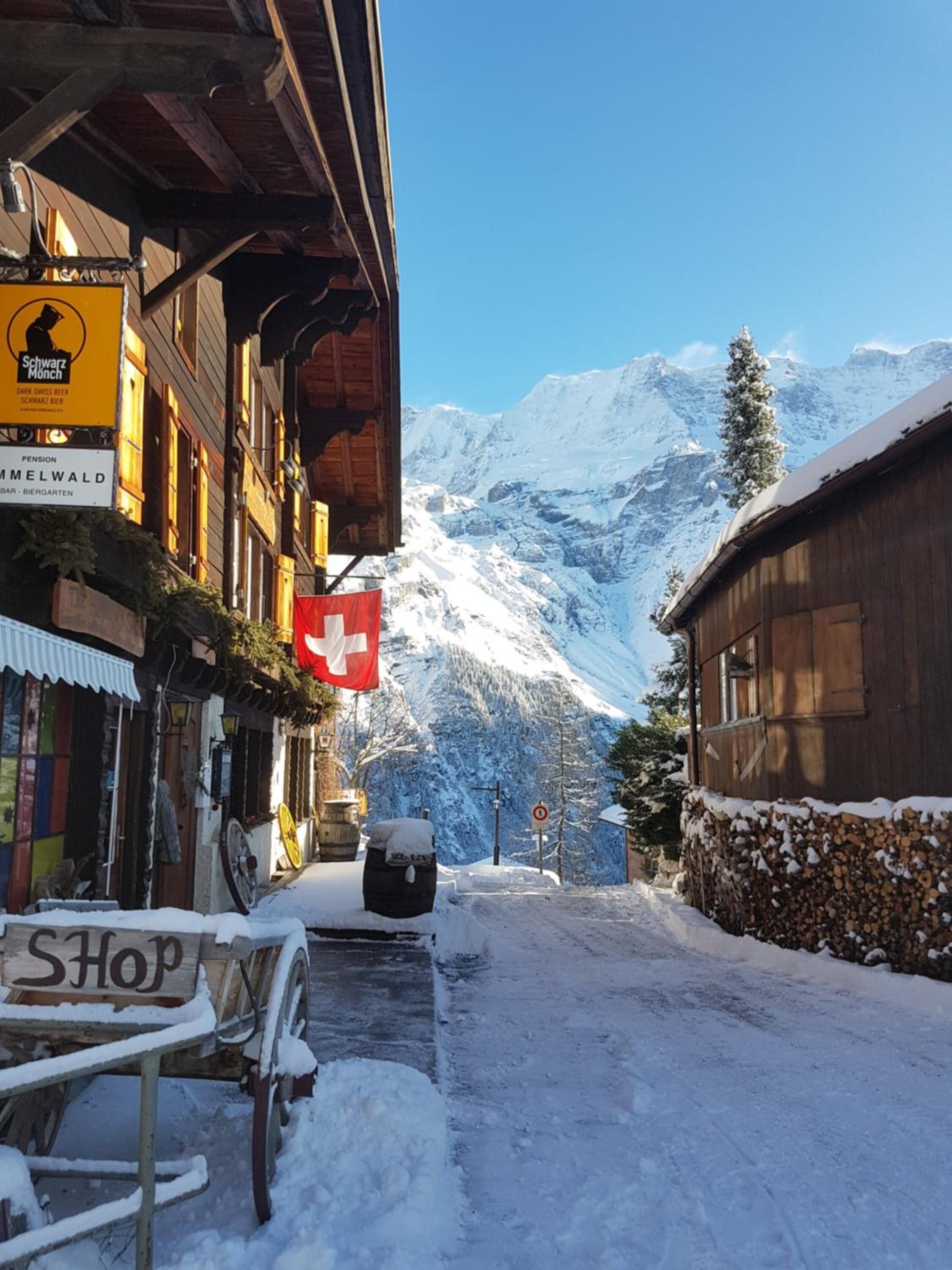Calle nevada con una tienda y un cartel que dice 'Pension Mammwald'.