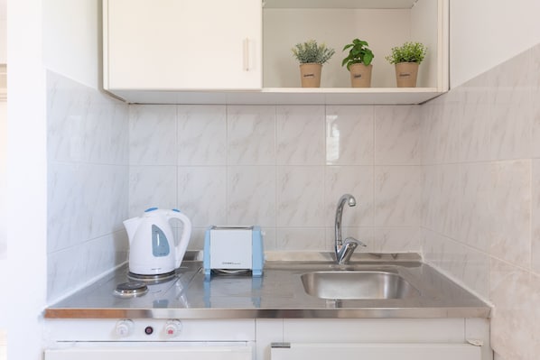 Una cucina con lavello in acciaio inossidabile, bollitore e tostapane. Sul piano di lavoro ci sono tre piante in vaso.