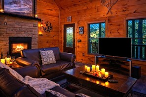 Smart TV, fireplace, video games, DVD player