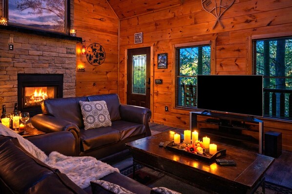 Smart TV, fireplace, video games, DVD player