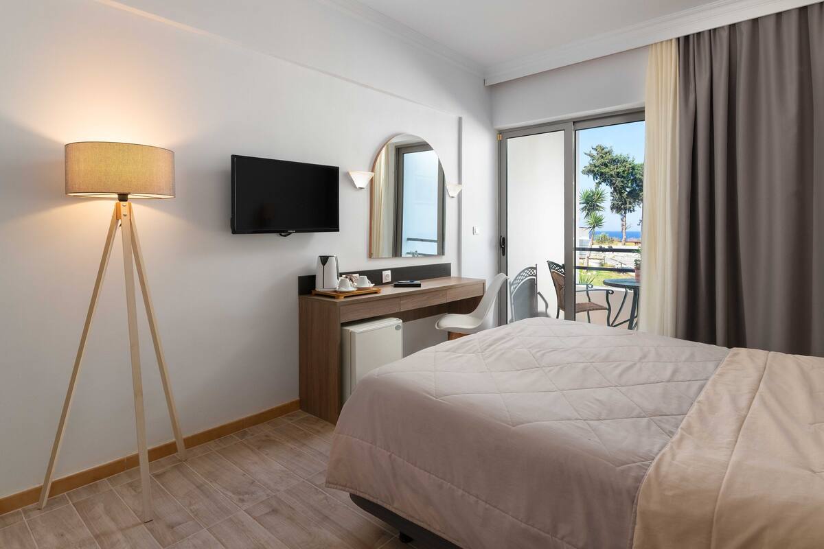 A hotel room with a bed, a desk, a chair, a television, and a view of the outdoors.