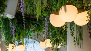 Interior de restaurante com plantas penduradas, mesas redondas e cadeiras acolchoadas.