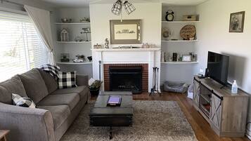Smart TV, fireplace, DVD player, books