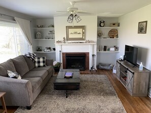 Smart TV, fireplace, DVD player, books