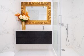 Shower, hair dryer, towels